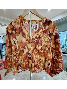 Anthropologie XS Orange Brown Floral Blouse, crop, boxy, oversized. Small could